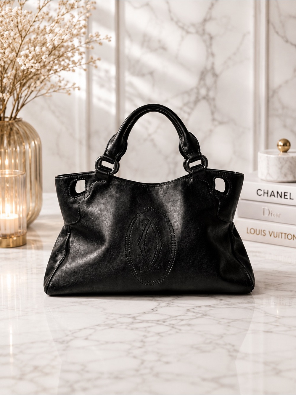 Cartier Vintage Marcello Black Leather Shoulder Bag Like New Condition Dust Bag